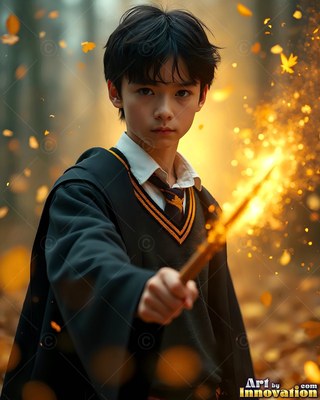 Facing forward in the woods, a youthful man points a bright wooden wand