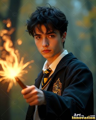A dark-haired man in a school robe holds a sparkling wand in the woods