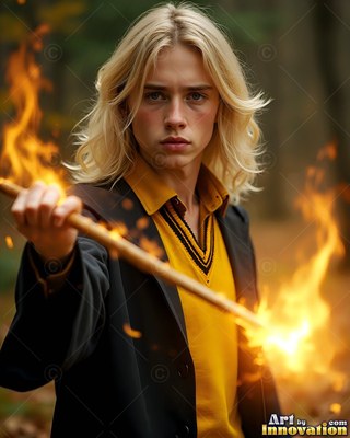 In the woods, a blond man in yellow holds out a burning wooden wand