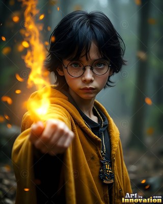 Holding out a flame, a man in his youth in glasses wears a yellow robe in the woods