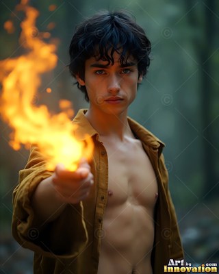 A youthful man carries bright fire in his open shirt in the woods