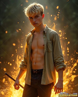 An open tan shirt reveals a youthful man's chest as he holds a wand in front of bright fire sparks
