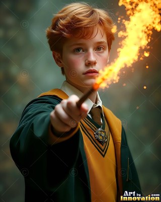 A youthful man points his wand forward casting bright yellow fire over dark robes
