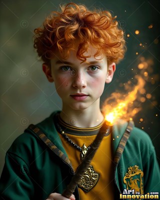 Facing forward indoors, a youthful man clasps a lit wand in green and yellow robes