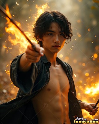 A young man in an open dark shirt points a flaming wand forward in the woods