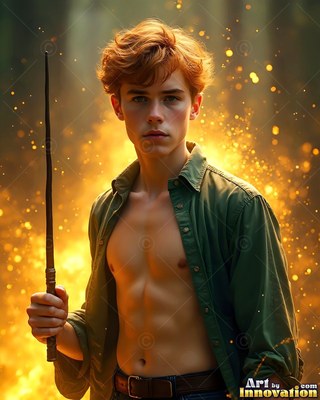 In a golden forest, a young red-haired man clasps a wand in an open shirt