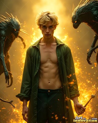 A shirtless man in an open green coat stands before fire