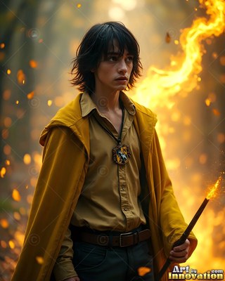 Wearing a yellow cloak, a man grips a burning wand in a smoky forest