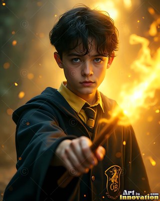 A younger man points a wooden wand forward in bright yellow firelight