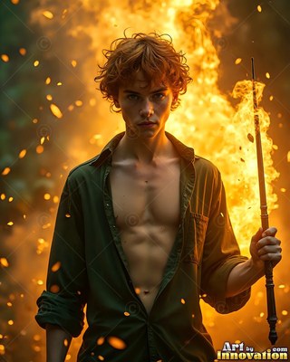 Facing forward in the woods, a young man cradles a staff near bright fire