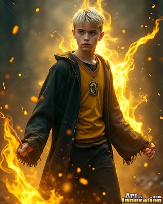 In a dark forest, a young blond-haired man in yellow and black robes stands surrounded by fire