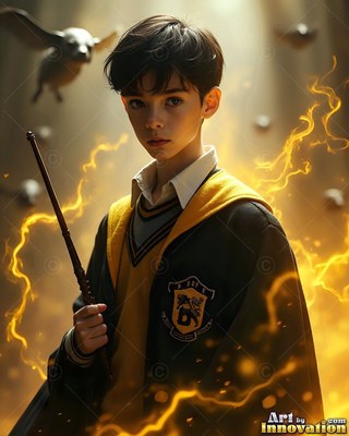 Holding a wand, a younger man wears a yellow and black robe surrounded by yellow sparks