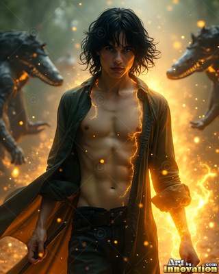 A shirtless man in an open coat stands with yellow lightning