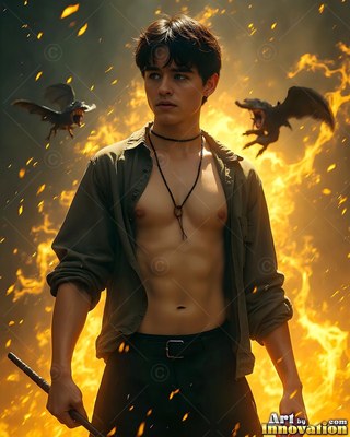 A young man stands holding a staff as bright yellow flames flare behind him