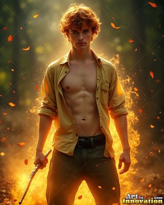 Standing in a forest, a red-haired man holds a wand in an open shirt