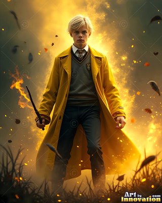 A young man with blond hair in a yellow coat stands in grass holding a burning wand