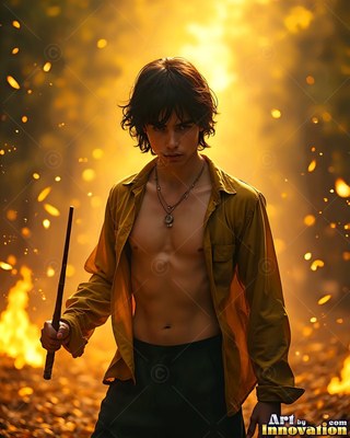 In a bright forest fire, a young man holds a dark wand in an open yellow shirt