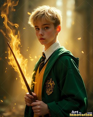 Holding a flaming wand, a young man in a green robe and yellow vest looks ahead