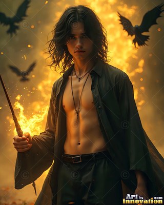 A younger man in an open dark shirt holds a wand before fire