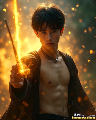 Wearing an open black robe, a bare-chested younger man points a bright wand in warm light