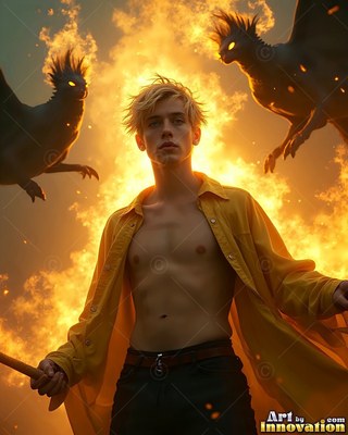 A blond man stands in an open yellow shirt while dark winged beasts circle in warm firelight