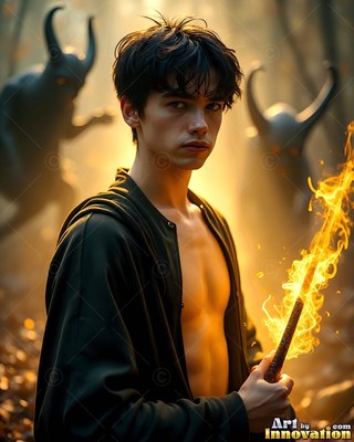 Turned three-quarters in a forest, a man in his youth holds a flaming wand