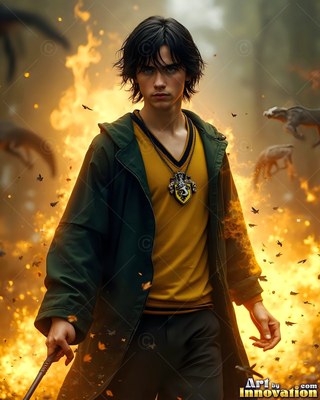 A young dark-haired man in a green coat walks forward through yellow fire