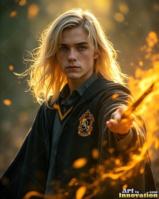 In a sunny forest, a blond young man points a wand with yellow sparks