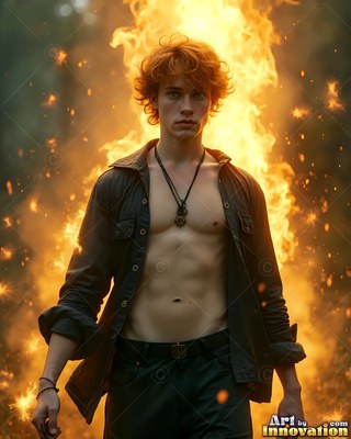 An open black shirt on a man standing outdoors before bright yellow fire