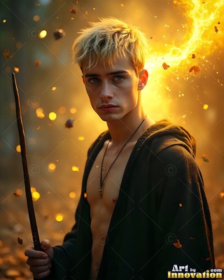 A fair-haired man holds a wooden wand in front of a warm golden flare