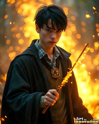 Facing forward before yellow fire, a youthful man cradles a sparking wand