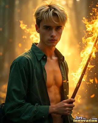 A blond younger man in an open green shirt holds a flaming torch in a hazy forest