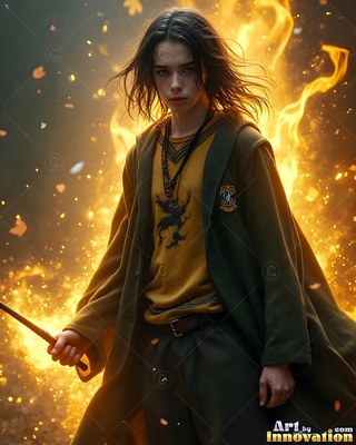Before bright flames, a youthful man clasps a wand in a dark green coat