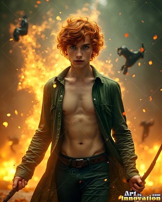 Standing in bright firelight, a bare-chested youthful man carries a staff in an open green coat