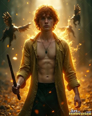 A red-haired man holds a wand in an open yellow shirt outdoors