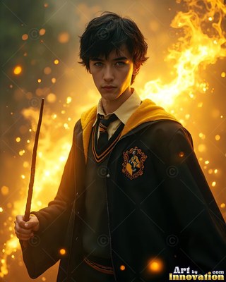 Wearing a yellow-lined black robe, a man in his youth holds a wooden wand in front of bright orange fire