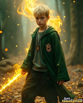 Standing in the woods, a young blond man in a green robe holds a fiery wand