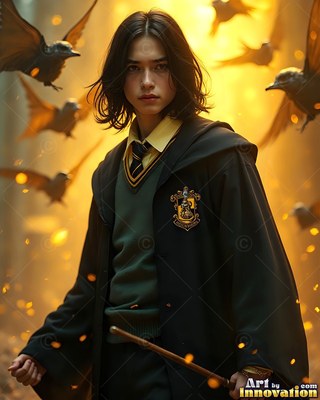 A younger man in a dark school robe holds a wand as small birds fly around him