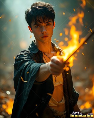 In a dark woods, a young dark-haired man grips forward a burning wand with sparks