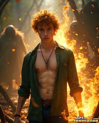 Standing before bright flames, a red-haired man wears an unbuttoned green shirt