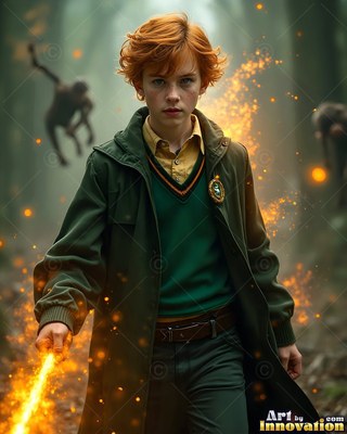 Young red-haired man in a green coat holds a bright wand in a dark forest