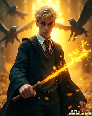 Blond hair falls over a young man in a dark robe holding a flaming wand in the woods