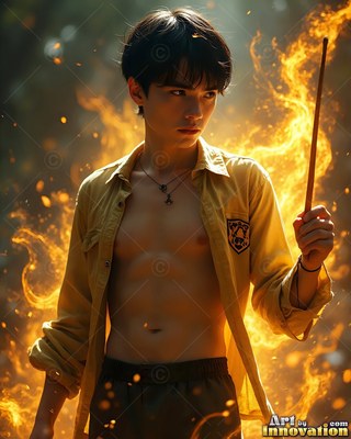 A man in his youth holds up a wand while bright yellow fire rises behind him