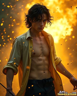Facing forward before a bright blaze, a bare-chested youthful man stands in an open yellow shirt