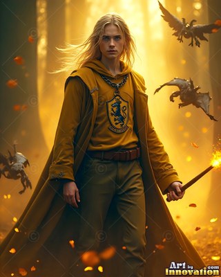 A young blond-haired man in a yellow robe holds a lit wand in a foggy forest