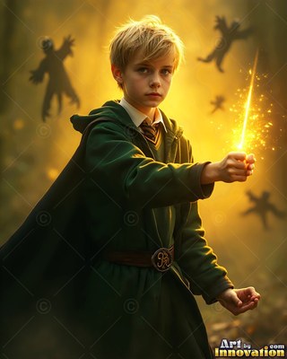 In a misty forest, a young yellow-haired man in a green robe holds a bright wand