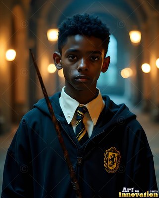 Holding a wooden wand, a young Black man stands in a dim castle hallway in dark robes