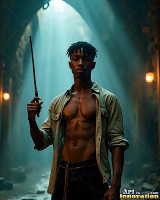 A bare-chested man holding a wand in an open shirt under blue light