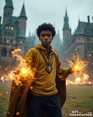 In a mustard yellow hooded cloak outside a castle courtyard, a man in his youth casts sparks