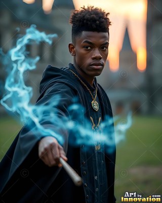 A man casts bright blue smoke from a wand under warm sunset light